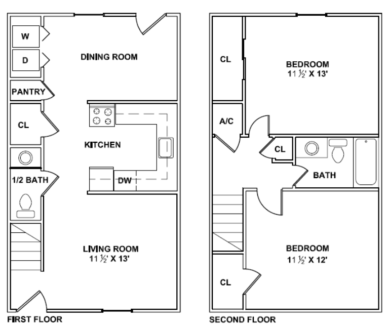 Floor plan for 2 beds, 1.5 baths, 1100 sqft